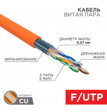 Кабель витая пара F/UTP кат.6 4х2х23AWG ZH нг(А)-HF медь оранж. (305м) (м) Rexant 01-0151