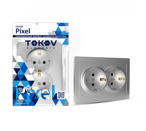 Розетка 2-м СП Pixel 16А IP20 с заземл. защ. шторки в сборе алюм. TOKOV ELECTRIC TKE-PX-R2FZSF-C03