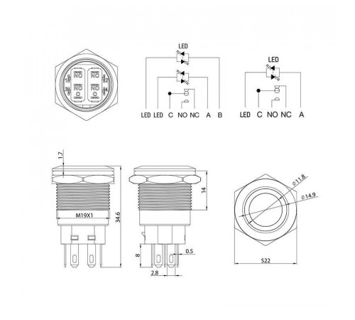 Кнопка антивандальная d19 12В Фикс (5с) ON-OFF/OFF-ON подсв/зел. Rexant 36-3423