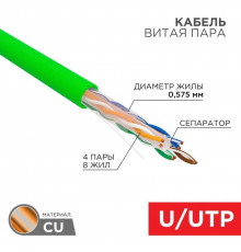 Кабель витая пара U/UTP кат.6 4х2х0.575 23 AWG нг(А)-LSLTx INDOOR SOLID зел. (305м) Rexant 01-0071