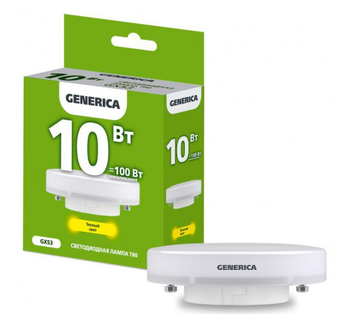 Лампа светодиодная T80 10Вт таблетка 3000К GX53 230В GENERICA LL-T80-10-230-30-GX53-G