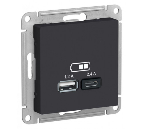 Розетка USB AtlasDesign тип A+C 5В/2.4А 2х5В/1.2А механизм карбон SE ATN001039