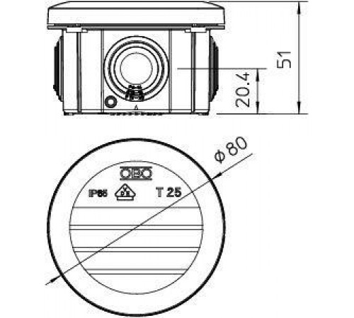Коробка распределительная 80х51мм IP65 T25 4хM25 свет. сер. OBO 2007029