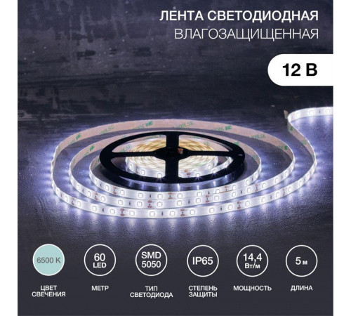 Лента светодиодная SMD5050 14.4Вт/м 60LED/м 12В IP65 бел. (уп.5м) Lamper 141-495