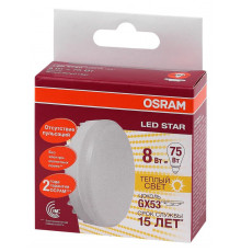 Лампа светодиодная LED Star GX53 8W/827 8Вт матовая 2700К тепл. бел. GX53 800лм 220-240В 110град. пластик. (замена 75Вт) OSRAM 4058075210929