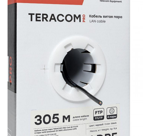 Кабель витая пара F/UTP кат.5E 4 пары 24 AWG solid внешн. LDPE черн. TERACOM PRO PRO EKF TRP-5EFTP-04PE-BK-OUT3