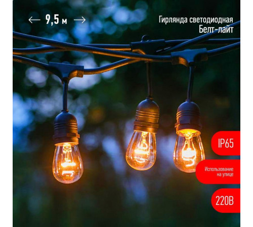 Гирлянда светодиодная "Белт Лайт" 9.5м 20LED тепл. бел. E27 IP65 220В на подвесах с лампами филамент дл. провода 60см каучук набор Эра Б0056018