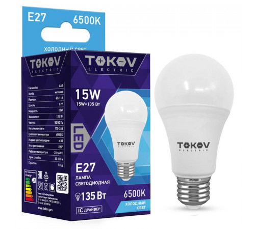 Лампа светодиодная 15Вт А60 6500К Е27 176-264В TOKOV ELECTRIC TKE-A60-E27-15-6.5K