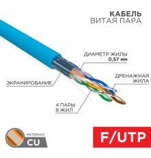 Кабель витая пара F/UTP кат.6 4х2х23AWG solid CU PVC син. (м) Rexant 01-0147