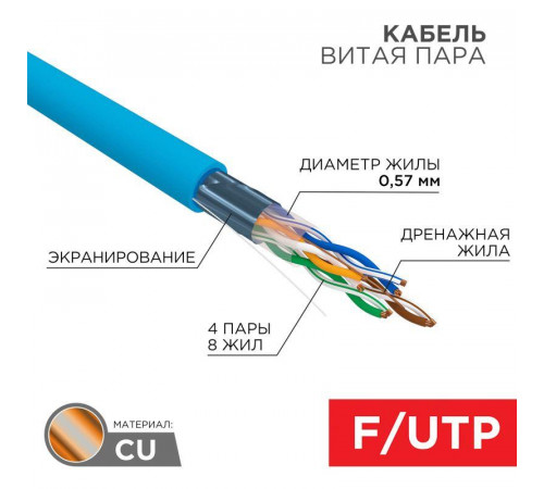 Кабель витая пара F/UTP кат.6 4х2х23AWG solid CU PVC син. (м) Rexant 01-0147