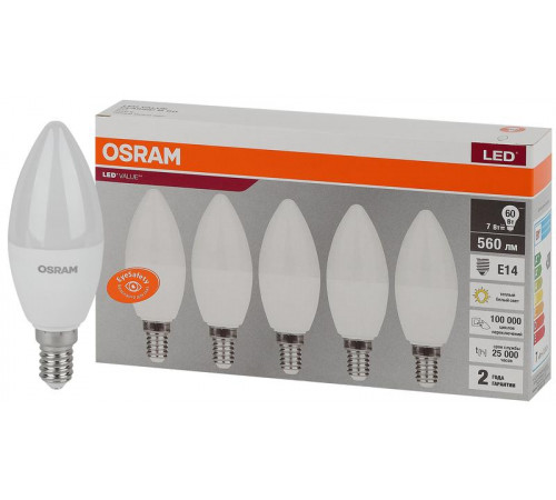 Лампа светодиодная LED Value LVCLB60 7SW/830 7Вт свеча матовая E14 230В 2х5 RU (уп.5шт) OSRAM 4058075577923