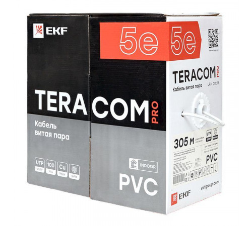 Кабель витая пара U/UTP кат.5E 4 пары 24 AWG solid PVC сер. TERACOM PRO PRO EKF TRP-5EUTP-04PVC-GY-IN3