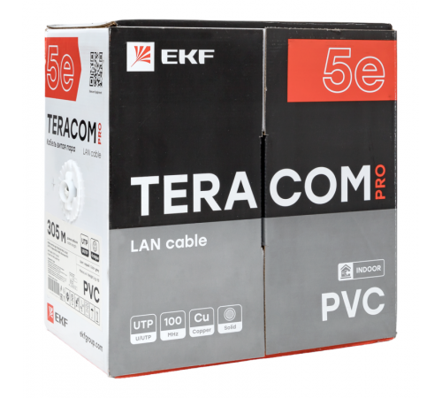 Кабель витая пара U/UTP кат.5E 4 пары 24 AWG solid PVC сер. TERACOM PRO PRO EKF TRP-5EUTP-04PVC-GY-IN3