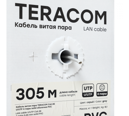 Кабель витая пара U/UTP кат.5E 4 пары solid PVC сер. TERACOM EKF TRC-5EUTP-04PVC-GY-IN3