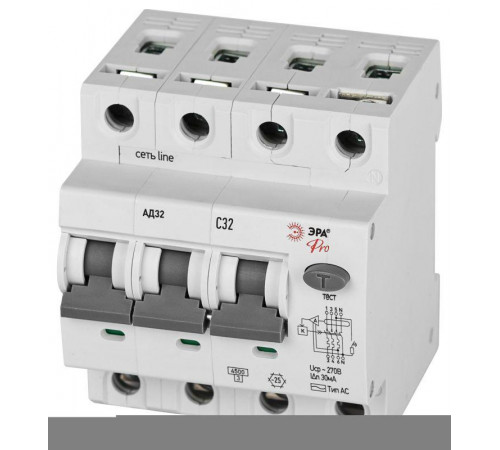 Выключатель автоматический дифференциального тока 3P+N C32 30мА тип АC защита 230В АВДТ 4.5кА PRO D32E4C32АC30P АД32 электронное Эра Б0057796