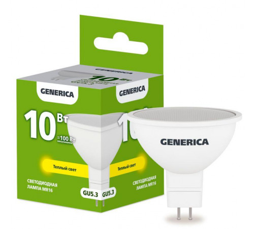 Лампа светодиодная MR16 10Вт софит 3000К GU5.3 230В GENERICA LL-MR16-10-230-30-GU5-G