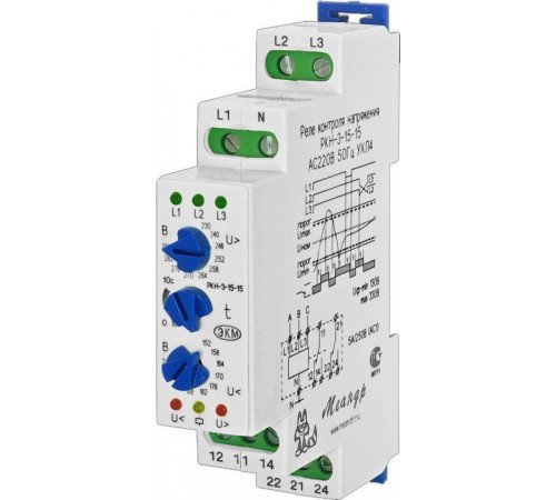Реле контроля напряжения 3ф РКН-3-15-15 УХЛ4 AC 230В/AC 400В 4-х проводная схема включения задержка срабатывания 0.1...10с ток контактов исполнит. реле 8А 2п Меандр A8302-16933945