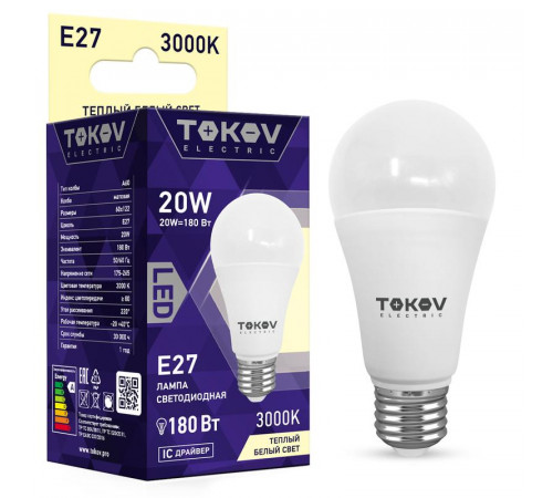 Лампа светодиодная 20Вт А60 3000К Е27 176-264В TOKOV ELECTRIC TKE-A60-E27-20-3K