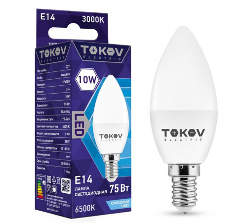 Лампа светодиодная 10Вт С37 6500К Е14 176-264В TOKOV ELECTRIC TKE-C37-E14-10-6.5K