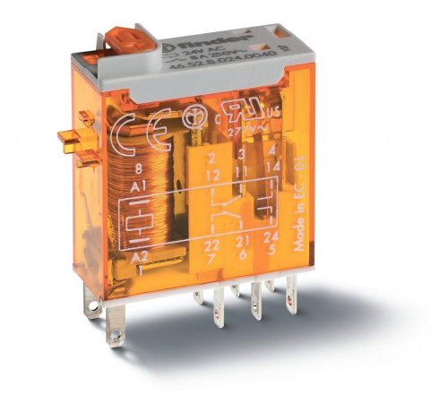 Реле миниатюрное промышленное электромеханич. монтаж в розетку или наконечники Faston (2.5х0.5мм) 2CO 8А AgNi 230В AC влагозащ. RTII опции: кнопка тест + мех. индикатор + LED(AC) FINDER 465282300054