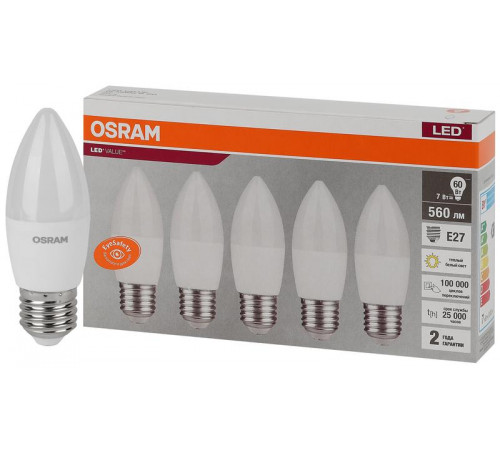 Лампа светодиодная LED Value LVCLB60 7SW/830 7Вт свеча матовая E27 230В 2х5 RU (уп.5шт) OSRAM 4058075578012