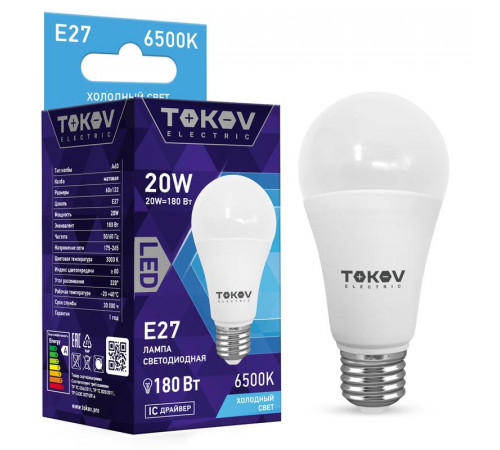 Лампа светодиодная 20Вт А60 6500К Е27 176-264В TOKOV ELECTRIC TKE-A60-E27-20-6.5K