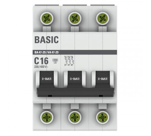 Выключатель автоматический модульный 3п C 16А 4.5кА ВА 47-29 Basic EKF mcb4729-3-16C