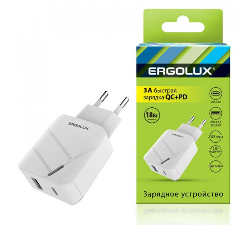 Адаптер сетевой 18Вт 1USB+1Type C 100-220В 5-9В/3А QC коробка бел. Ergolux 15252