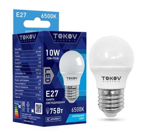 Лампа светодиодная 10Вт G45 6500К Е27 176-264В TOKOV ELECTRIC TKE-G45-E27-10-6.5K