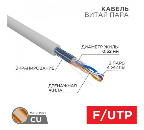 Кабель витая пара F/UTP кат.5E 2х2х0.52 24AWG ZH нг(А)-HF INDOOR SOLID сер. (305м) PRO Rexant 02-0022