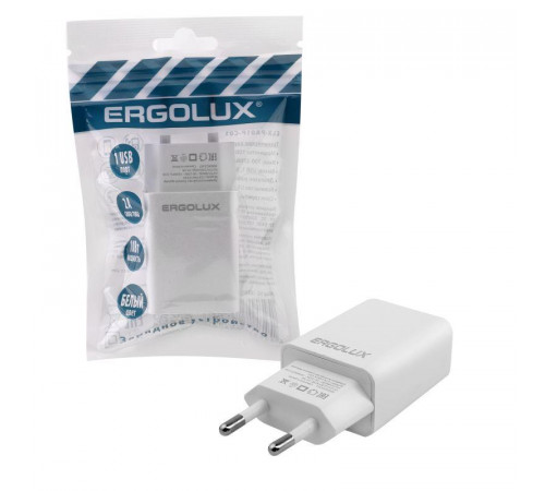 Адаптер сетевой 1USB 100-220В 5-9В/2А пакет бел. Ergolux 15203