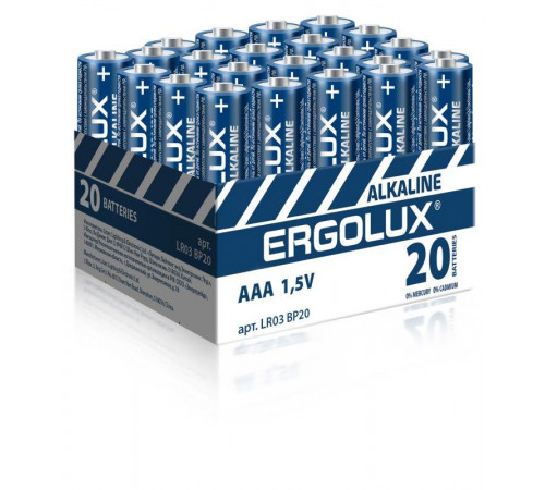 Элемент питания алкалиновый AAA/LR03 1.5В Alkaline BP-20 ПРОМО (уп.20шт) Ergolux 14674