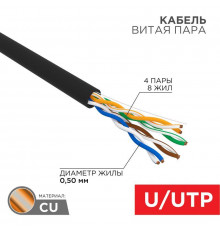 Кабель витая пара U/UTP кат.5E 4х2х24AWG CU медь 100МГц PE OUTDOOR черн. (уп.100м) Rexant 01-0045-100