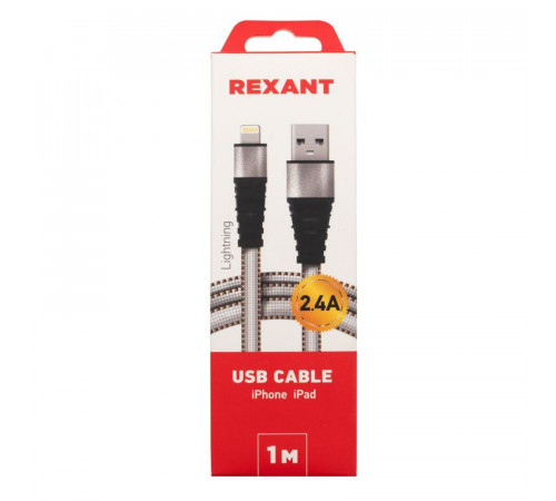 Кабель USB-Lightning 2.4А 1м бел. нейлоновая оплетка Rexant 18-7056