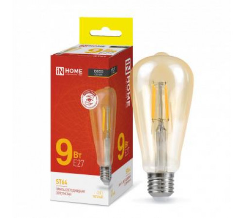 Лампа светодиодная LED-ST64-deco gold 9Вт цилиндр золотая 3000К тепл. бел. E27 1040лм 230В IN HOME 4690612035659