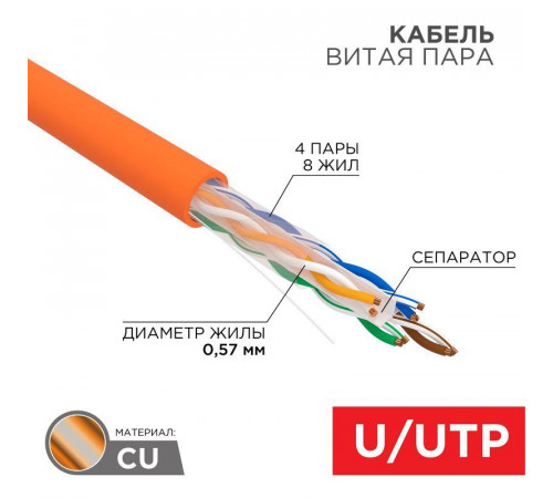 Кабель витая пара U/UTP кат.6 4х2х23AWG нг(А)-HF медь оранж. (305м) (м) Rexant 01-0050