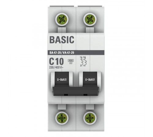 Выключатель автоматический модульный 2п C 10А 4.5кА ВА 47-29 Basic EKF mcb4729-2-10C