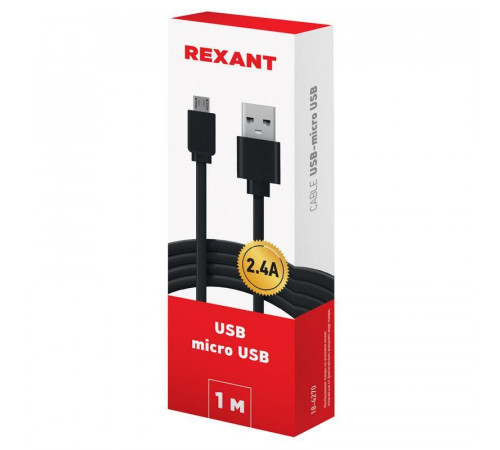 Кабель USB универс. microUSB шнур плоский 1м черн. Rexant 18-4270