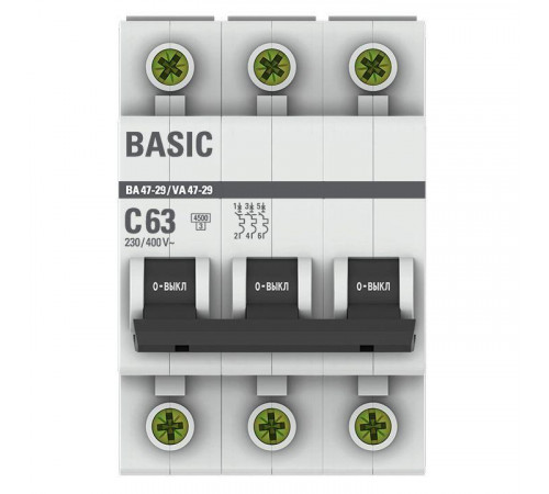 Выключатель автоматический модульный 3п C 63А 4.5кА ВА 47-29 Basic EKF mcb4729-3-63C