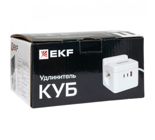 Удлинитель "Куб" 2х1.3м USB + 2Type C с быстрой зарядкой подставкой под телефон и ночником 1кв.мм EKF UBA-CUB-2-FC