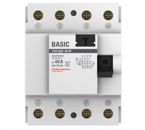 Выключатель дифференциального тока (УЗО) 4п 40А 30мА тип AC Basic электрон.EKF elcb-4-40-30e-sim