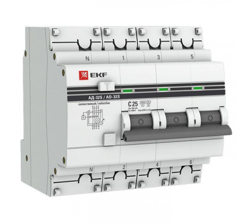 Выключатель автоматический дифференциального тока 4п (3P+N) 25А 100мА АД-32 селект. PROxima EKF DA32-25-100S-4P-pro