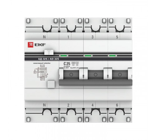 Выключатель автоматический дифференциального тока 4п (3P+N) 25А 100мА АД-32 селект. PROxima EKF DA32-25-100S-4P-pro