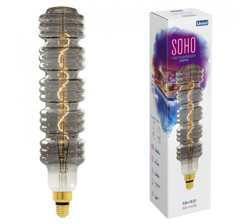 Лампа светодиодная филаментная LED-SF41-5W/SOHO/E27/CW CHROME/SMOKE GLS77CR SOHO спиральный филамент хром./дым. колба Uniel UL-00005921