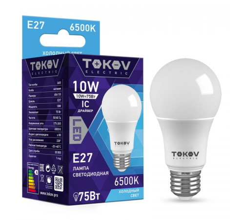 Лампа светодиодная 10Вт А60 6500К Е27 176-264В TOKOV ELECTRIC TKE-A60-E27-10-6.5K