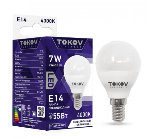 Лампа светодиодная 7Вт G45 4000К Е14 176-264В TOKOV ELECTRIC TKE-G45-E14-7-4K