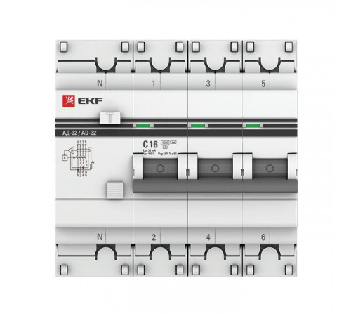 Выключатель автоматический дифференциального тока 4п (3P+N) C 16А 30мА тип AC 4.5кА АД-32 защита 270В электрон. PROxima EKF DA32-16-30-4P-pro