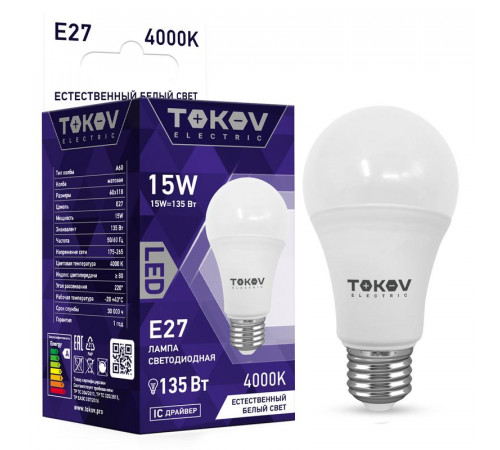 Лампа светодиодная 15Вт А60 4000К Е27 176-264В TOKOV ELECTRIC TKE-A60-E27-15-4K