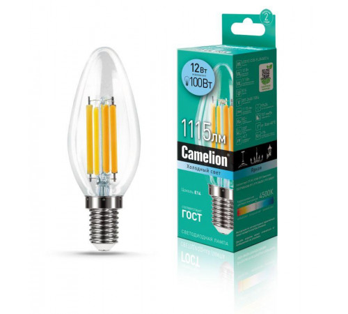 Лампа светодиодная филаментная LED12-C35-FL/845/E14 12Вт 220В Camelion 13709