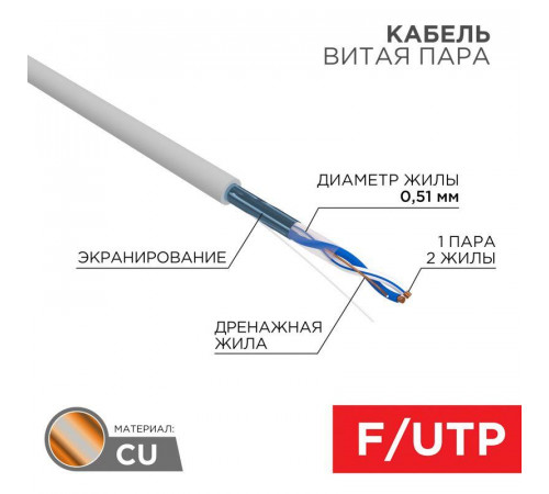 Кабель витая пара F/UTP кат.5E 1х2х24AWG solid CU PVC сер. (м) Rexant 01-0120